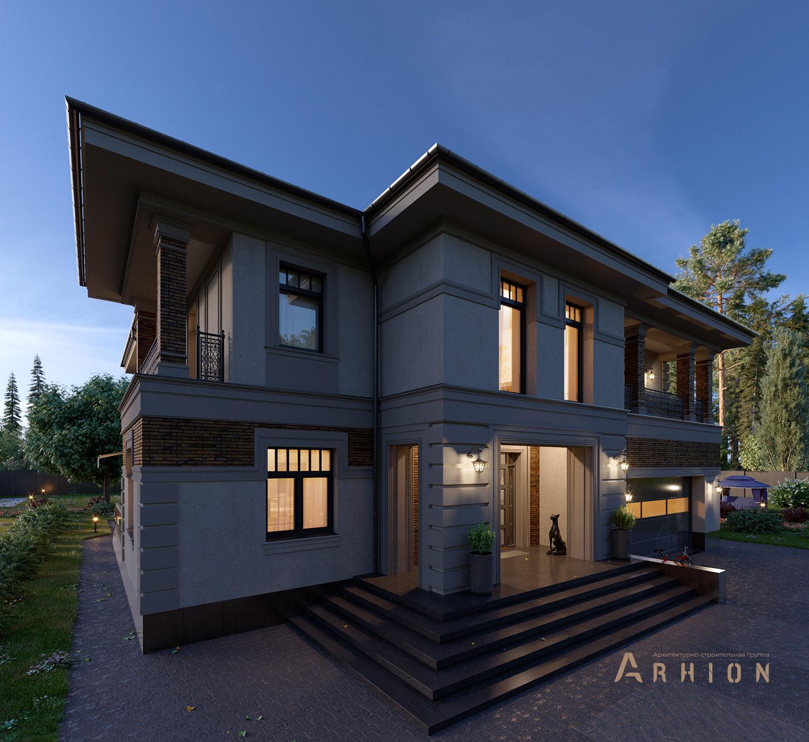 5. Проект двухэтажного дома в стиле Ллойда Райта (прерий) с четырехскатной, av-445, площадью - 445 кв c терассой, балконом, гаражом, эркером